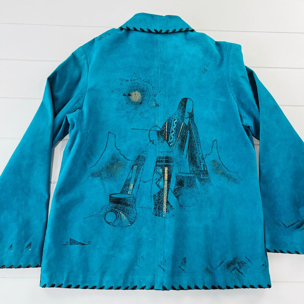 Chico's Design Teal Native American Woman Print Suede Jacket Womens SZ 1 Medium